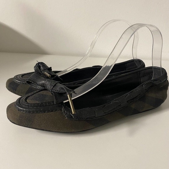 BURBERRY Oriel Bow Front House Check Black Olive Canvas Leather Ballet F… - Picture 4 of 13